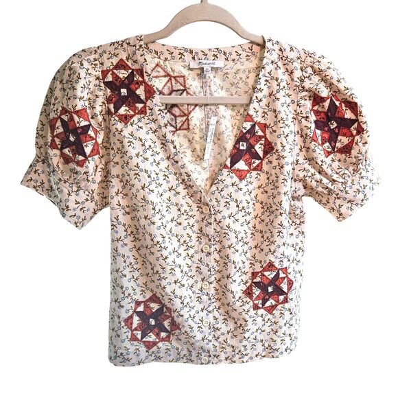 NWT XS 100% Cotton Madewell Embroidered Quilt Patchwork Puff Sleeve Blouse Cream - Picture 1 of 7